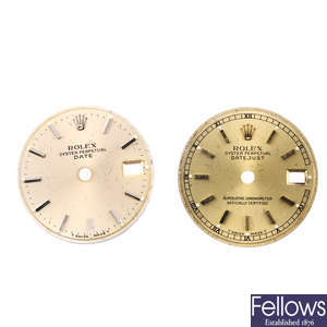 ROLEX - a lady's Oyster Perpetual Datejust dial together with a lady's Oyster Perpetual Date dial.