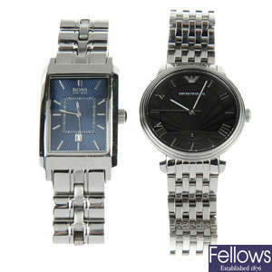 A bag of assorted watches, to include examples by Boss and Emporio Armani. Approximately 60