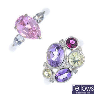 Two 9ct gold diamond and gem-set rings, and an amethyst pendant with 9ct gold chain.