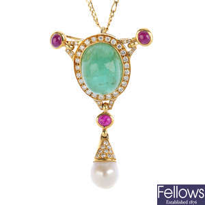 VOURAKIS - a ruby, emerald, cultured pearl and diamond pendant.