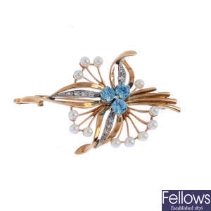 A 9ct gold zircon, diamond and seed pearl brooch.
