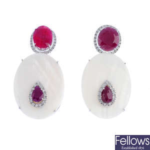 A pair of diamond, glass-filled ruby and mother-of-pearl earrings.