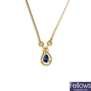 A sapphire and diamond pendant, on chain.
