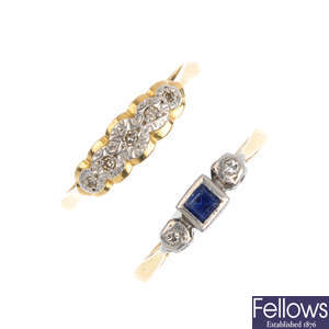 Two diamond and sapphire rings.