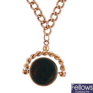 A 9ct gold Albert, with carnelian and bloodstone fob.