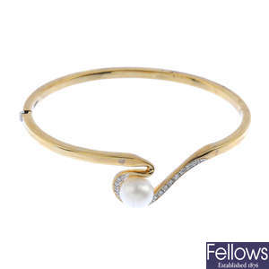 Three 9ct gold diamond, cultured pearl and amethyst bangles.