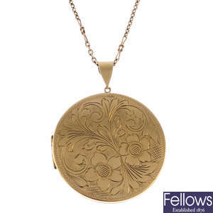 A mid 20th century 9ct gold locket pendant, with 9ct gold chain.