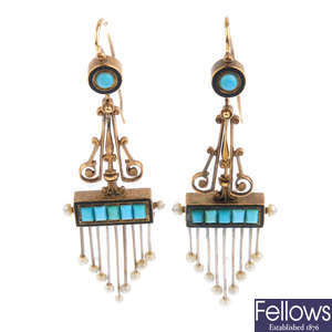 A pair of mid Victorian gold turquoise, seed pearl and enamel earrings, circa 1870.