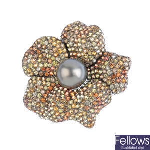 A 'coloured' diamond, cultured pearl and gem-set floral brooch.