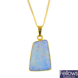 An opal pendant, with 18ct gold chain.