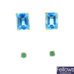 Two pairs of gem-set stud earrings.