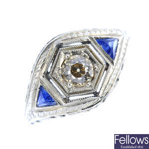 A mid 20th century diamond and sapphire dress ring.