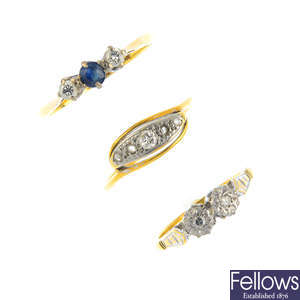Three diamond and sapphire rings.