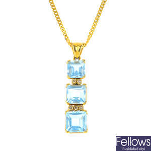 A topaz and diamond pendant, with chain.