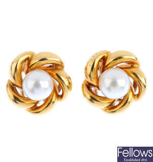 A pair of 18ct gold cultured pearl earrings.
