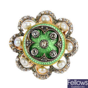 A diamond, seed pearl and enamel floral dress ring.
