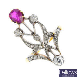 An Art Nouveau platinum and gold, Burmese ruby and diamond ring.