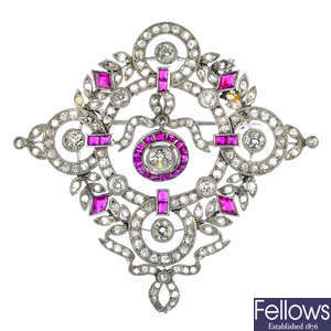 An early 20th century platinum, diamond and ruby brooch.
