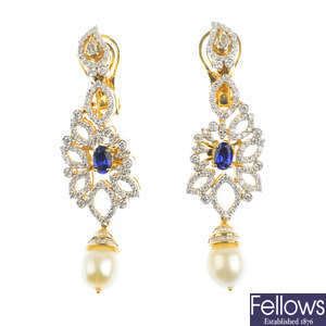 A pair of diamond and interchangeable gem-set earrings.