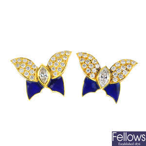 A pair of diamond and enamel butterfly earrings.