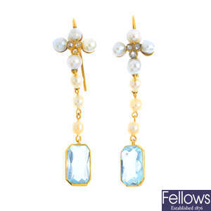 A pair of aquamarine, seed pearl and diamond earrings.