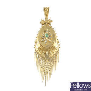 A mid Victorian gold emerald and split pearl pendant.