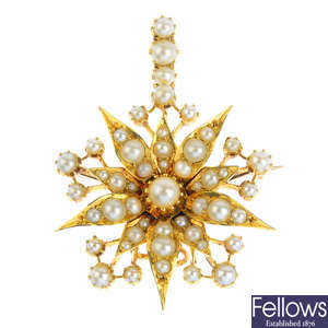An early 20th century 15ct gold split pearl floral pendant.
