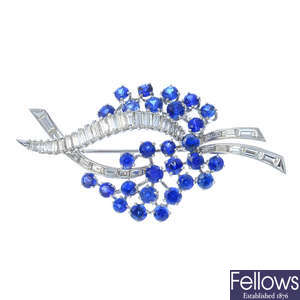 A mid 20th century diamond and sapphire floral brooch.