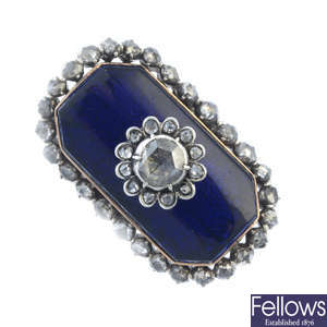A diamond and enamel dress ring.