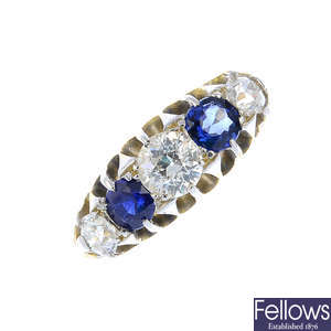 A late Victorian gold diamond and sapphire five-stone ring.