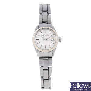 ROLEX - a lady's stainless steel Oyster Perpetual Date bracelet watch.