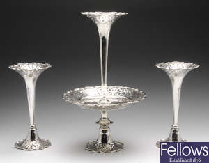 A matched Edwardian & later three piece silver garniture.