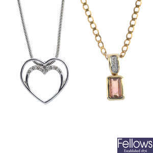 Two 9ct gold diamond and tourmaline pendants, with 9ct gold chains.