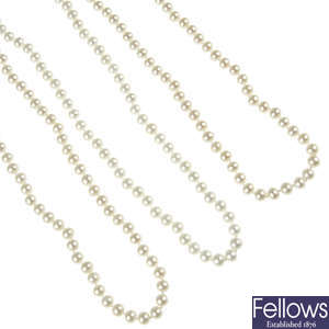 Five cultured pearl necklaces.