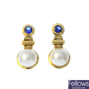 A pair of 9ct gold sapphire and mabe pearl earrings.