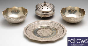 A selection of Persian items to include a pair of bowls, a lidded pot and a plate, etc.