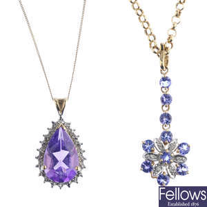 Two 9ct gold diamond, tanzanite and amethyst pendants, with chains.