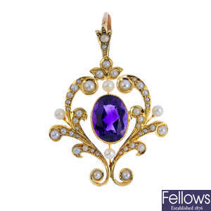An early 20th century amethyst and split pearl pendant.