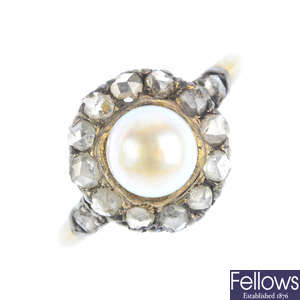 An early 20th century silver and 18ct gold, pearl and diamond ring.