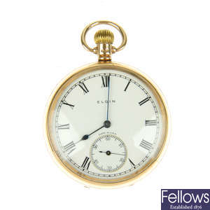 A 9ct yellow gold open face pocket watch by Elgin.