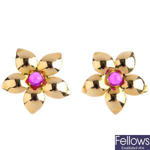 A pair of 9ct gold synthetic ruby flower earrings.