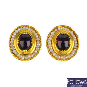 A pair of garnet and seed pearl cluster earrings.
