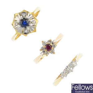 Three ruby, sapphire and diamond rings.