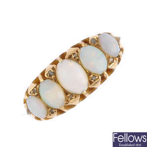 An Edwardian 18ct gold opal and diamond five-stone ring.