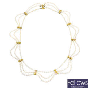 An 18ct gold seed pearl and diamond necklace.