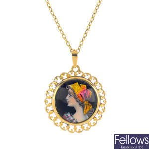 An enamel pendant, with 9ct gold chain.