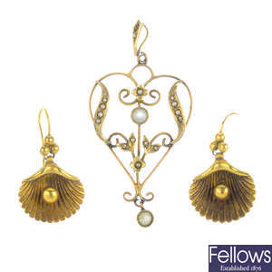 An early 20th century gem-set pendant and later earrings.