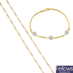 A diamond bracelet, a chain necklace and a 9ct gold cubic zirconia cross pendant.