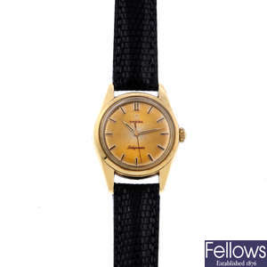 OMEGA - a lady's gold plated Ladymatic wrist watch with an Omega De Ville watch head.