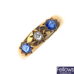 An early 20th century sapphire and diamond three-stone ring.